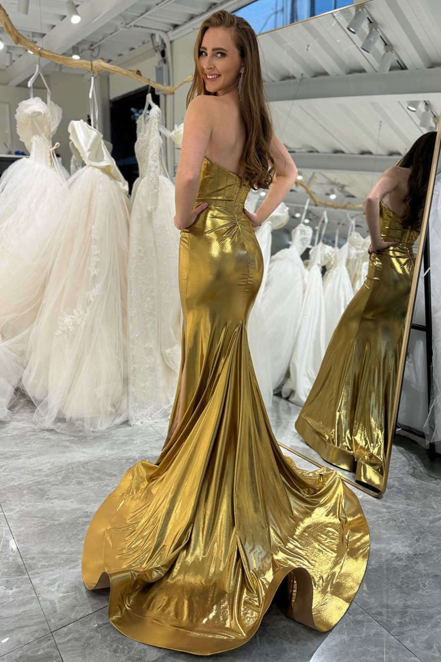 Prom Dresses HELLYMOON | Mermaid Strapless Corset Long Prom Dress With Slit Golden