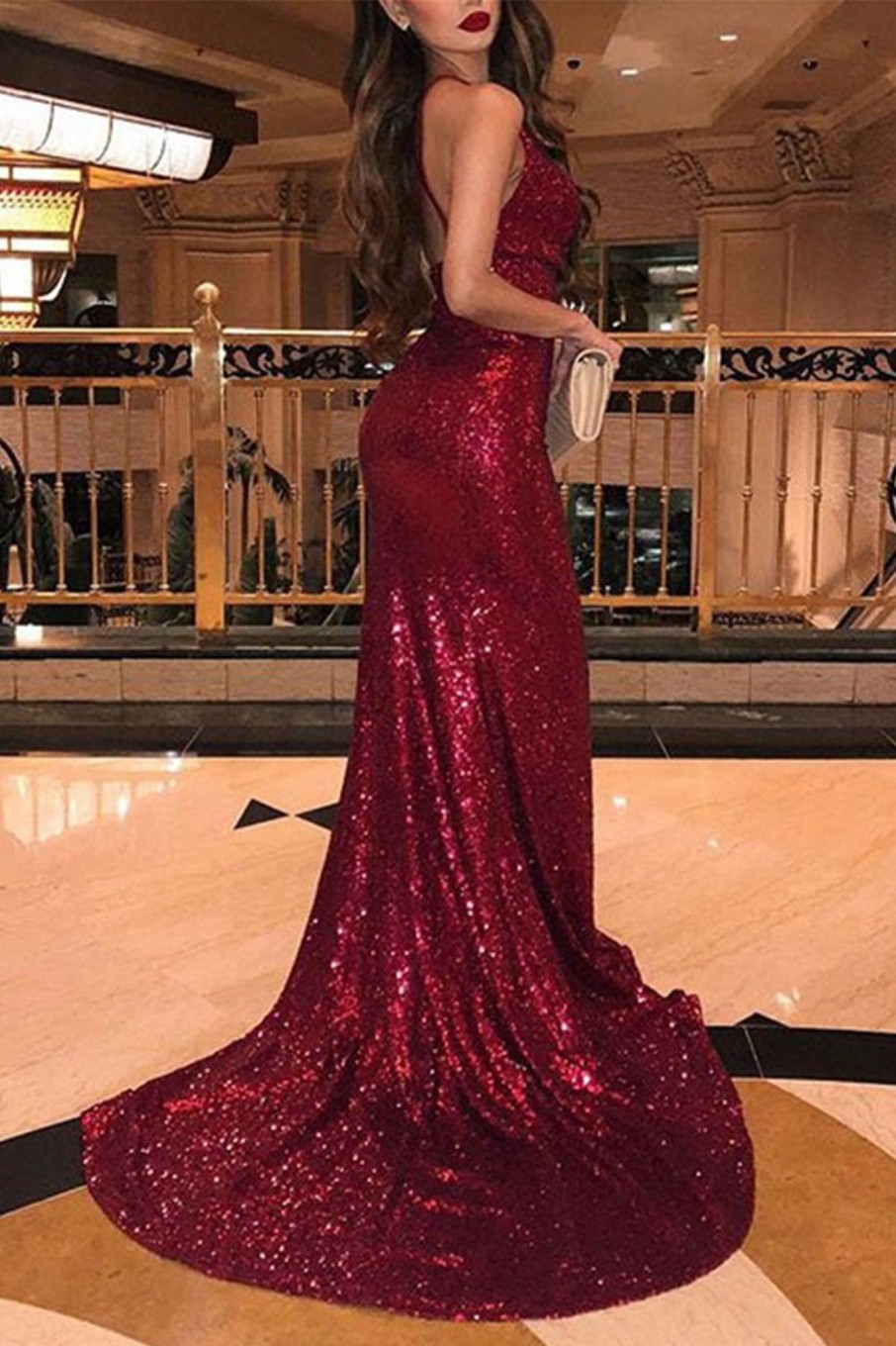 Special Occasion HELLYMOON | Mermaid Halter Backless Sequins Prom Dress Burgundy