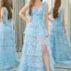 Prom Dresses HELLYMOON | Blue Printed A-Line V-Neck Long Tiered Prom Dress With Slit Light Blue