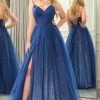 Prom Dresses HELLYMOON | Glitter A-Line Spaghetti Strap Tulle Long Prom Dress With Slit Navy