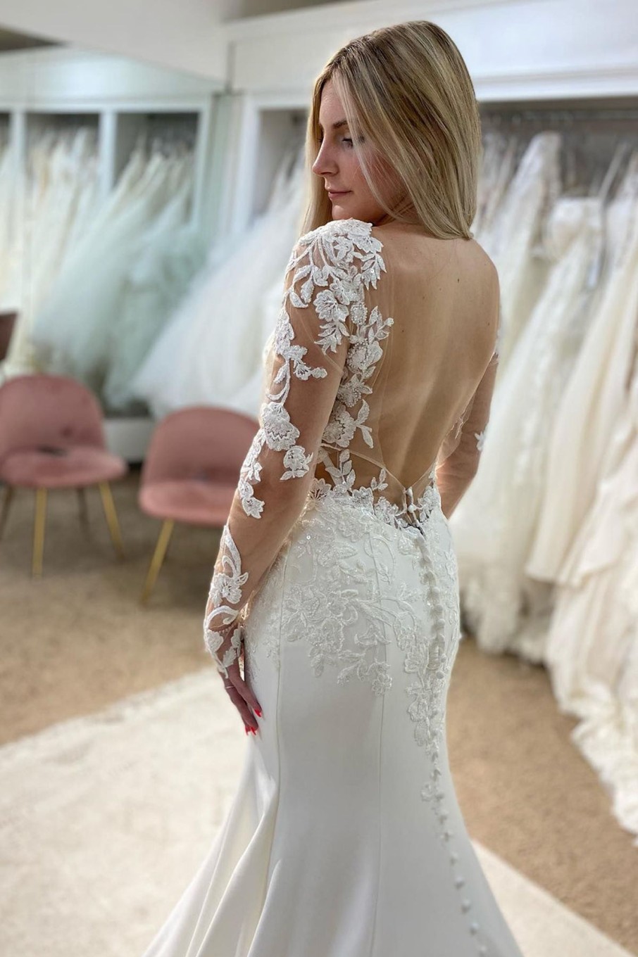 Wedding Dresses HELLYMOON | V-Neck Mermaid Long Wedding Dress With Lace White