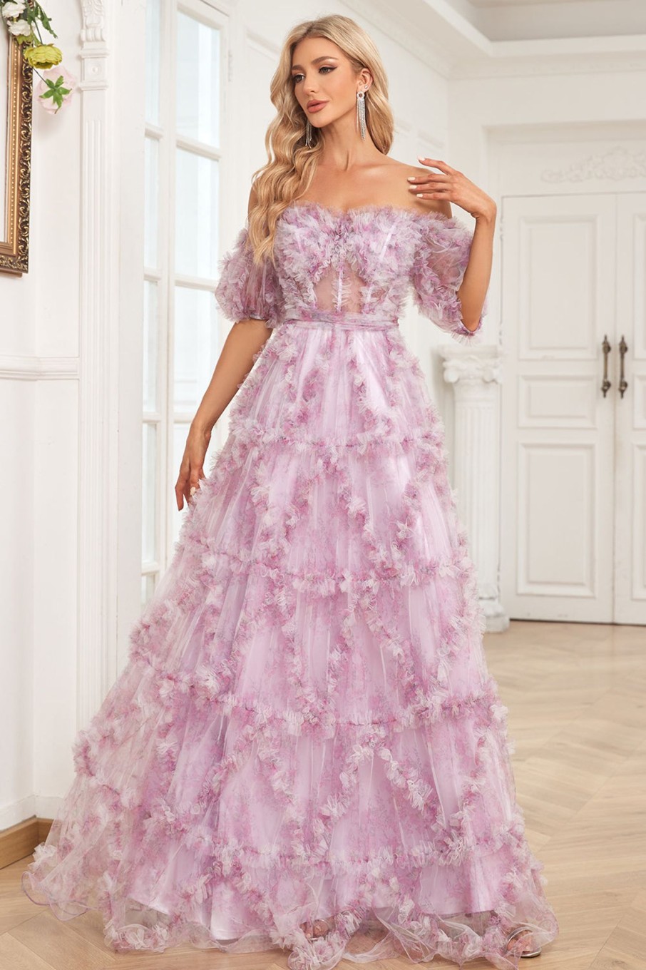 Special Occasion HELLYMOON | Charming A Line Off The Shoulder Long Prom Dress With Printing Purple