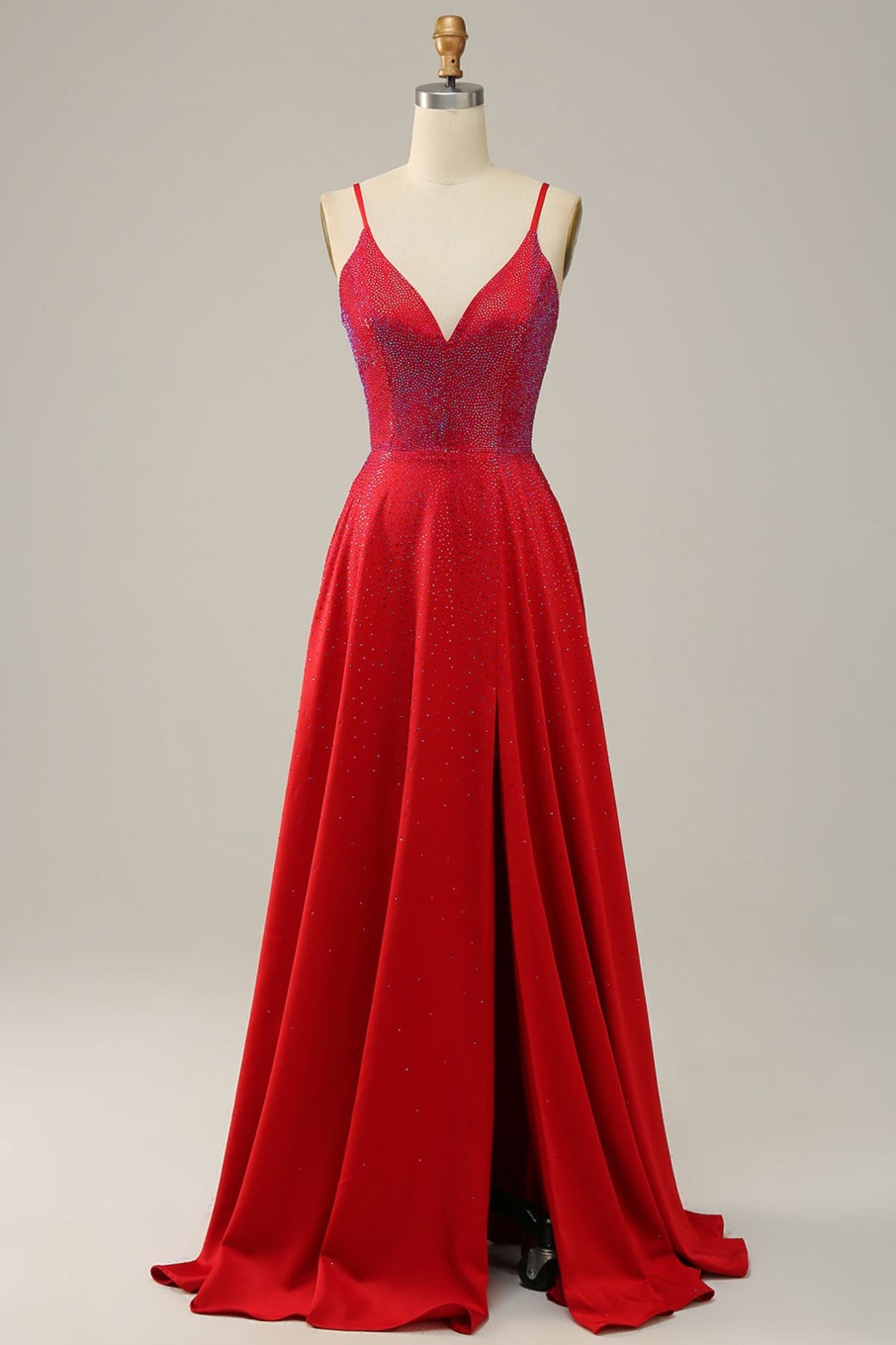 Prom Dresses HELLYMOON | Spaghetti Straps Beaded Prom Dress With Slit Red