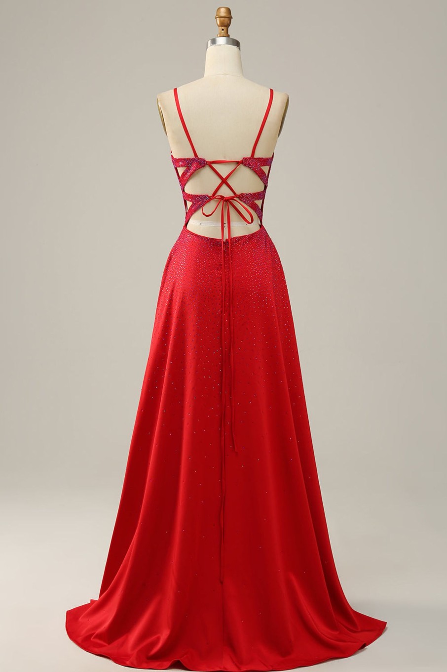 Prom Dresses HELLYMOON | Spaghetti Straps Beaded Prom Dress With Slit Red