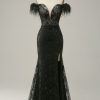 Special Occasion HELLYMOON | Mermaid Off The Shoulder Long Prom Dress With Feather Black