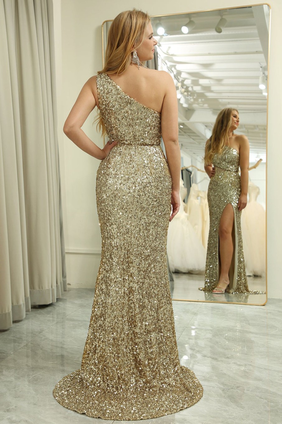 Prom Dresses HELLYMOON | Sparkly Mermaid One Shoulder Sequin Long Prom Dress With Slit Golden