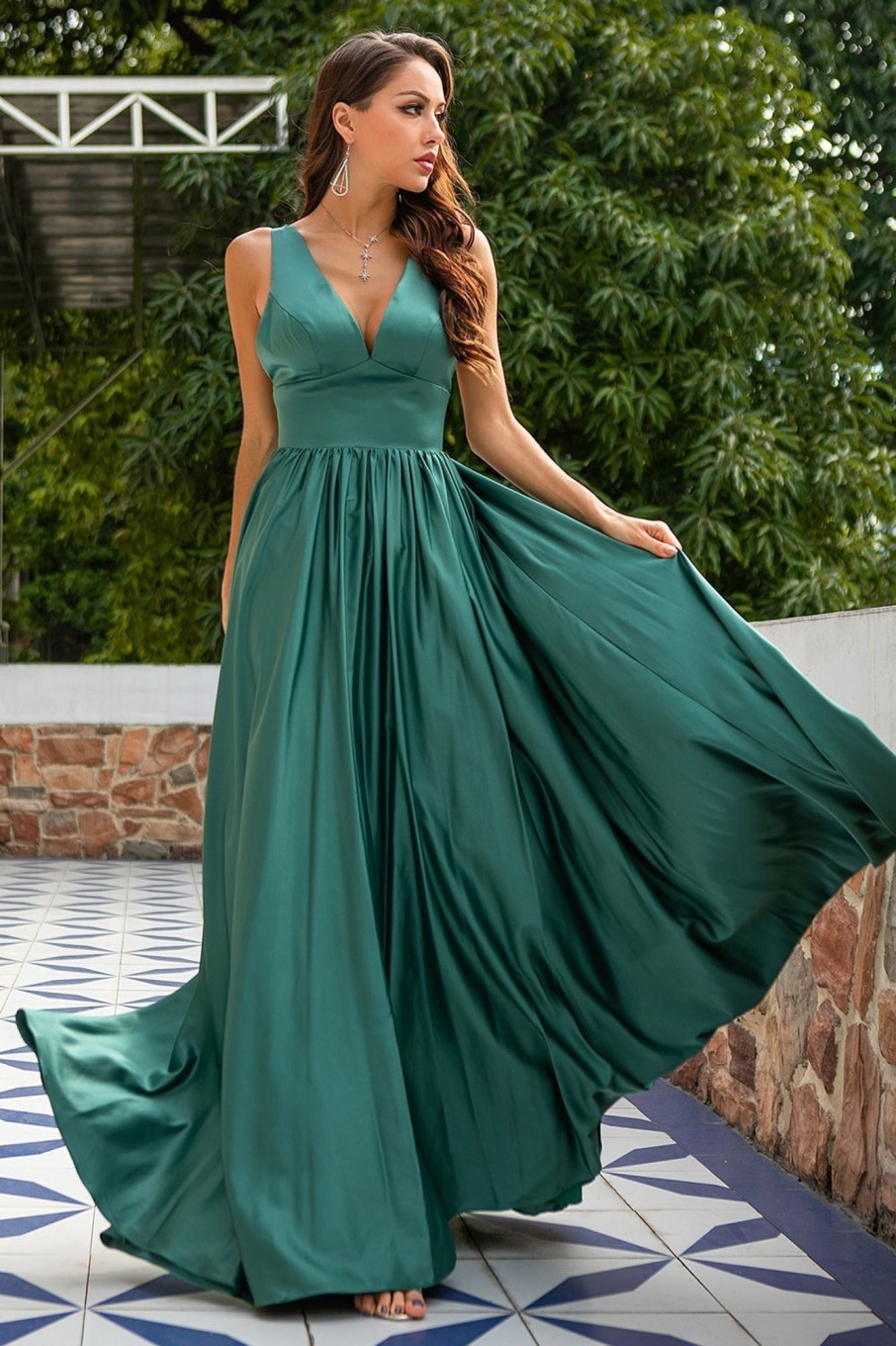 Special Occasion HELLYMOON | V Neck Satin Prom Dress With Ruffles Green