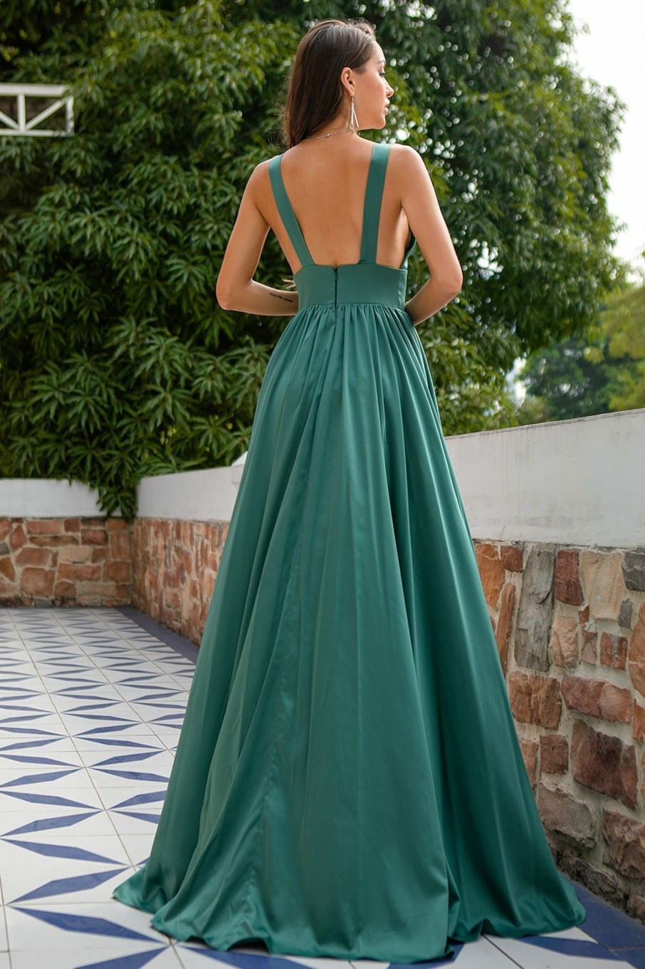 Special Occasion HELLYMOON | V Neck Satin Prom Dress With Ruffles Green