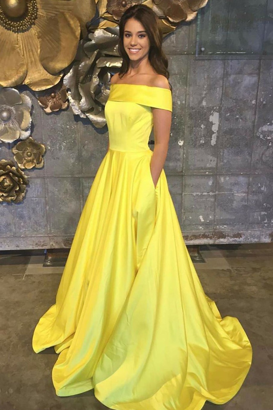 Prom Dresses HELLYMOON | Satin A Line Princess Prom Dress With Pockets Yellow