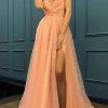 Special Occasion HELLYMOON | Gorgeous A Line Spaghetti Straps Prom Dress With Slit Orange