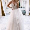 Wedding Dresses HELLYMOON | A-Line Backless Asymmetrical Tulle Long Wedding Dress With Lace Ivory