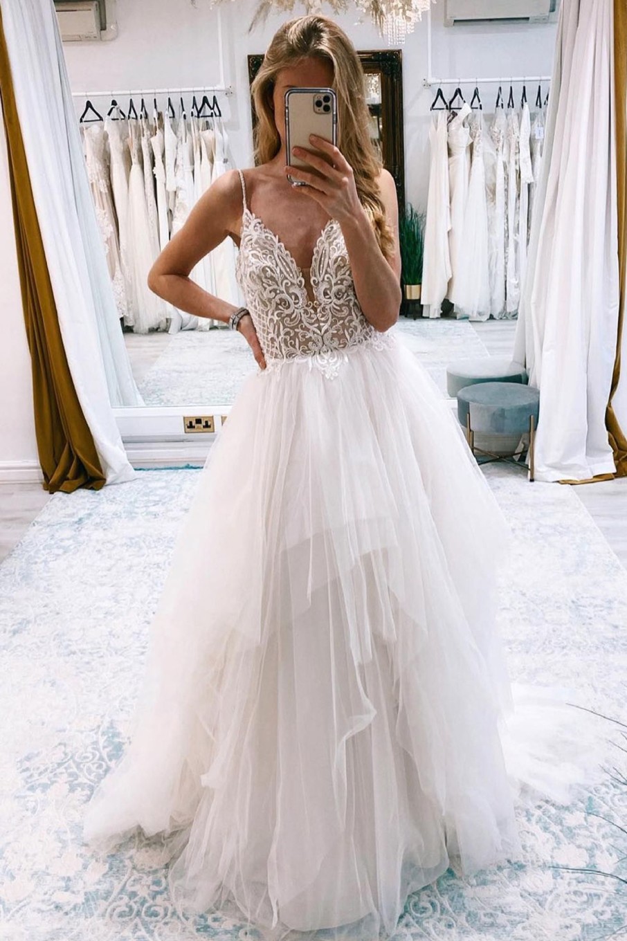 Wedding Dresses HELLYMOON | A-Line Backless Asymmetrical Tulle Long Wedding Dress With Lace Ivory