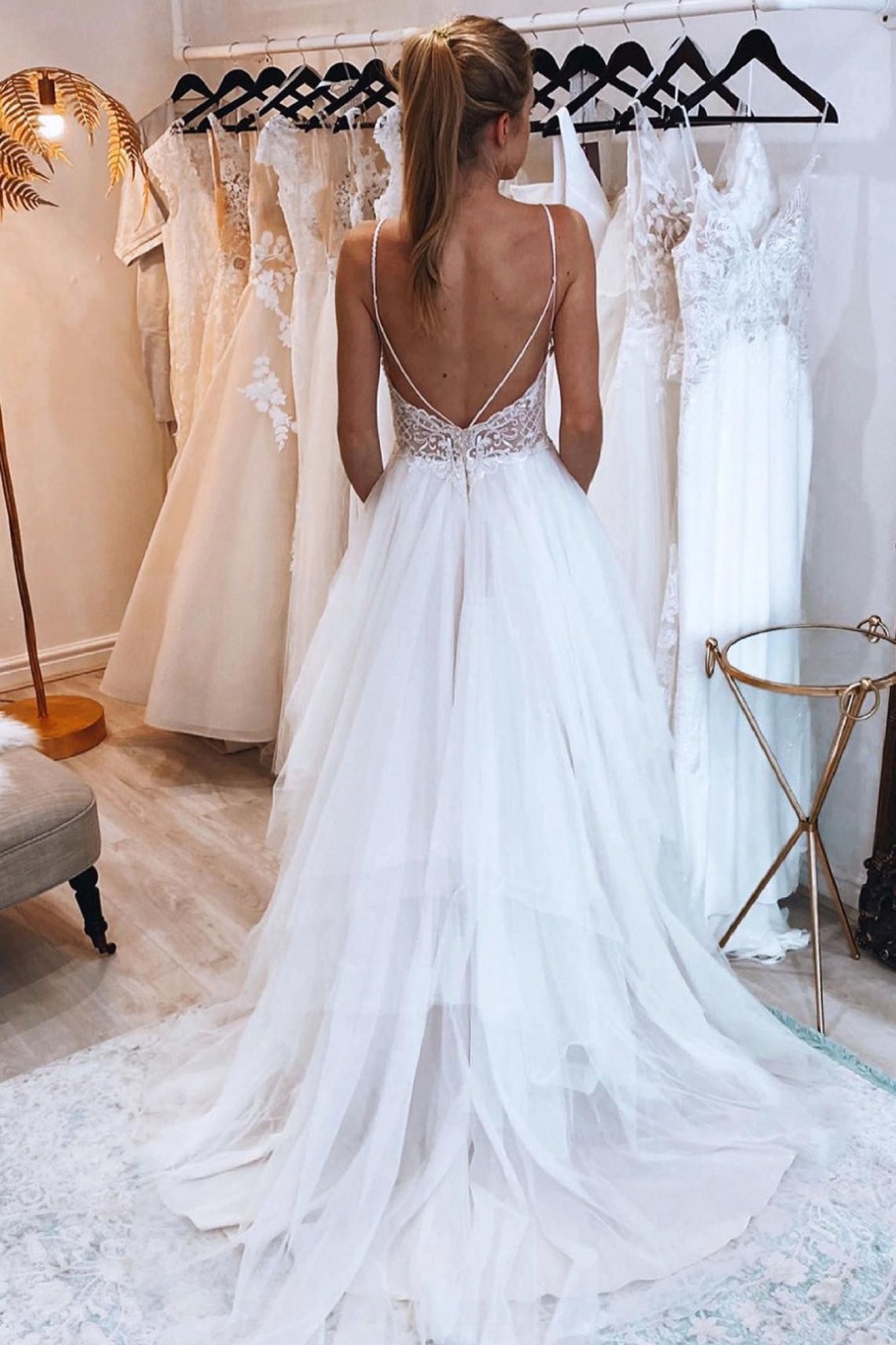 Wedding Dresses HELLYMOON | A-Line Backless Asymmetrical Tulle Long Wedding Dress With Lace Ivory