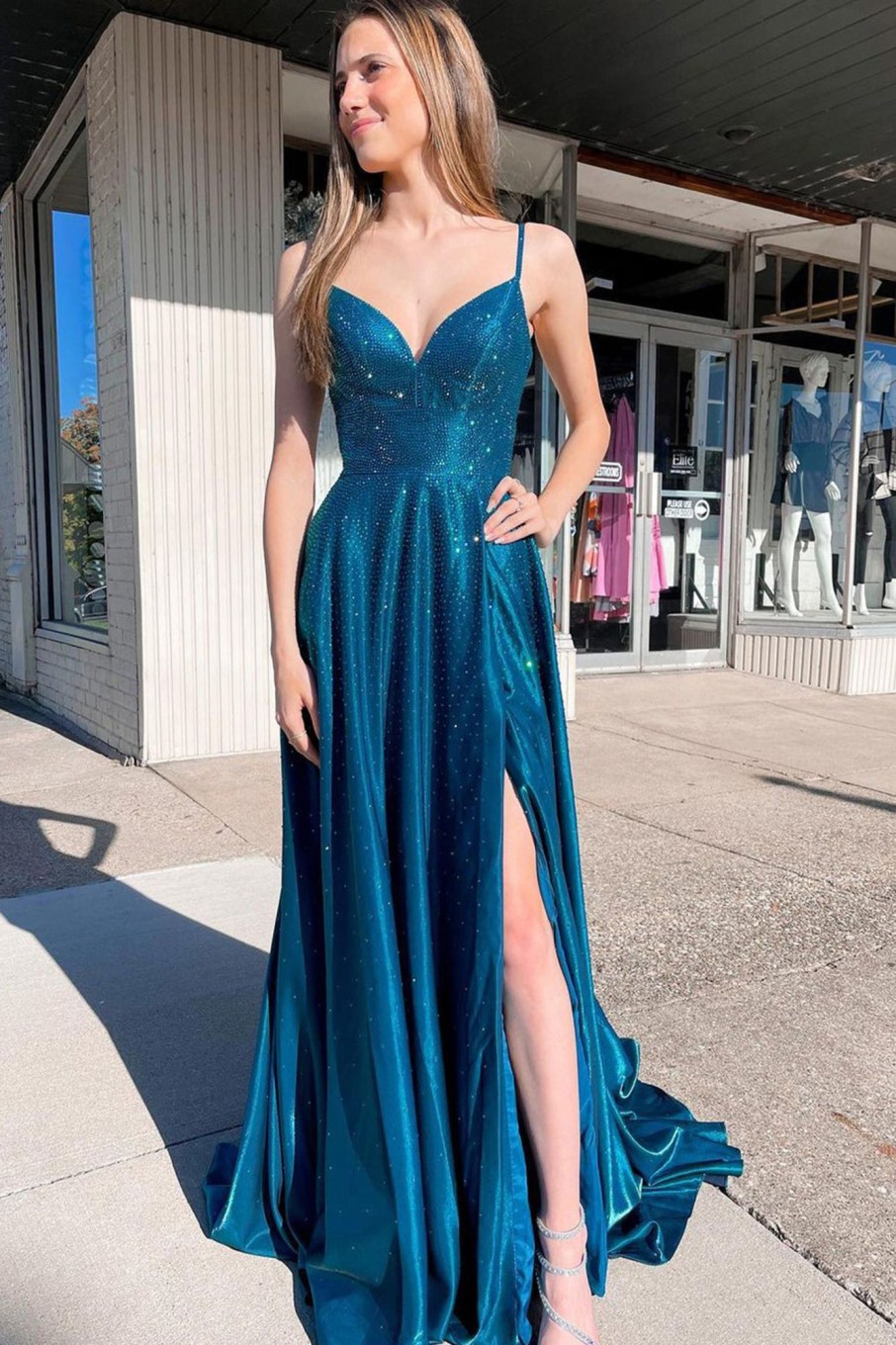 Special Occasion HELLYMOON | Lace-Up Back Sparkly Prom Dress With Slit Blue