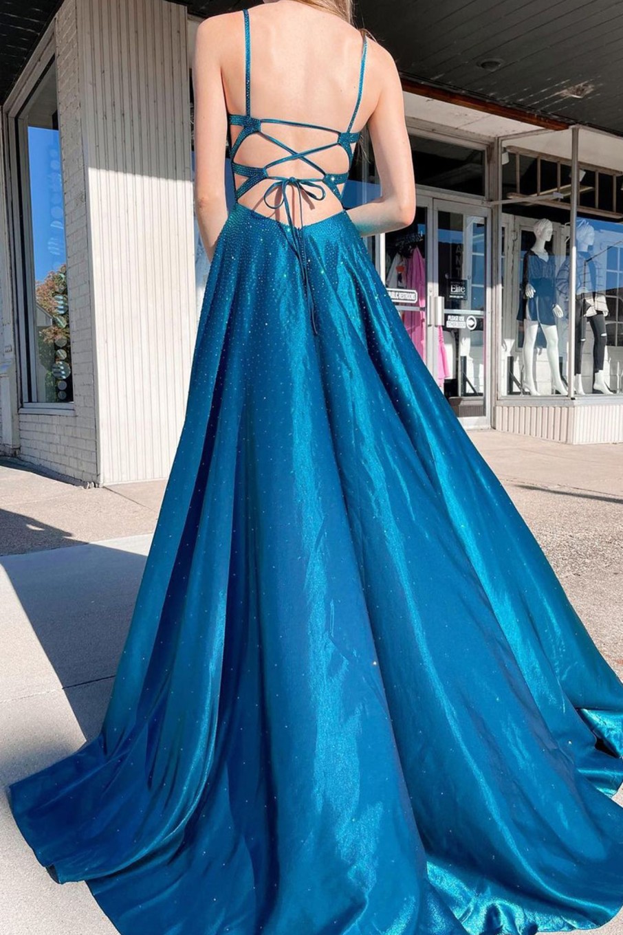 Special Occasion HELLYMOON | Lace-Up Back Sparkly Prom Dress With Slit Blue