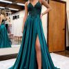 Prom Dresses HELLYMOON | A Line Satin Beaded Prom Dress With Slit