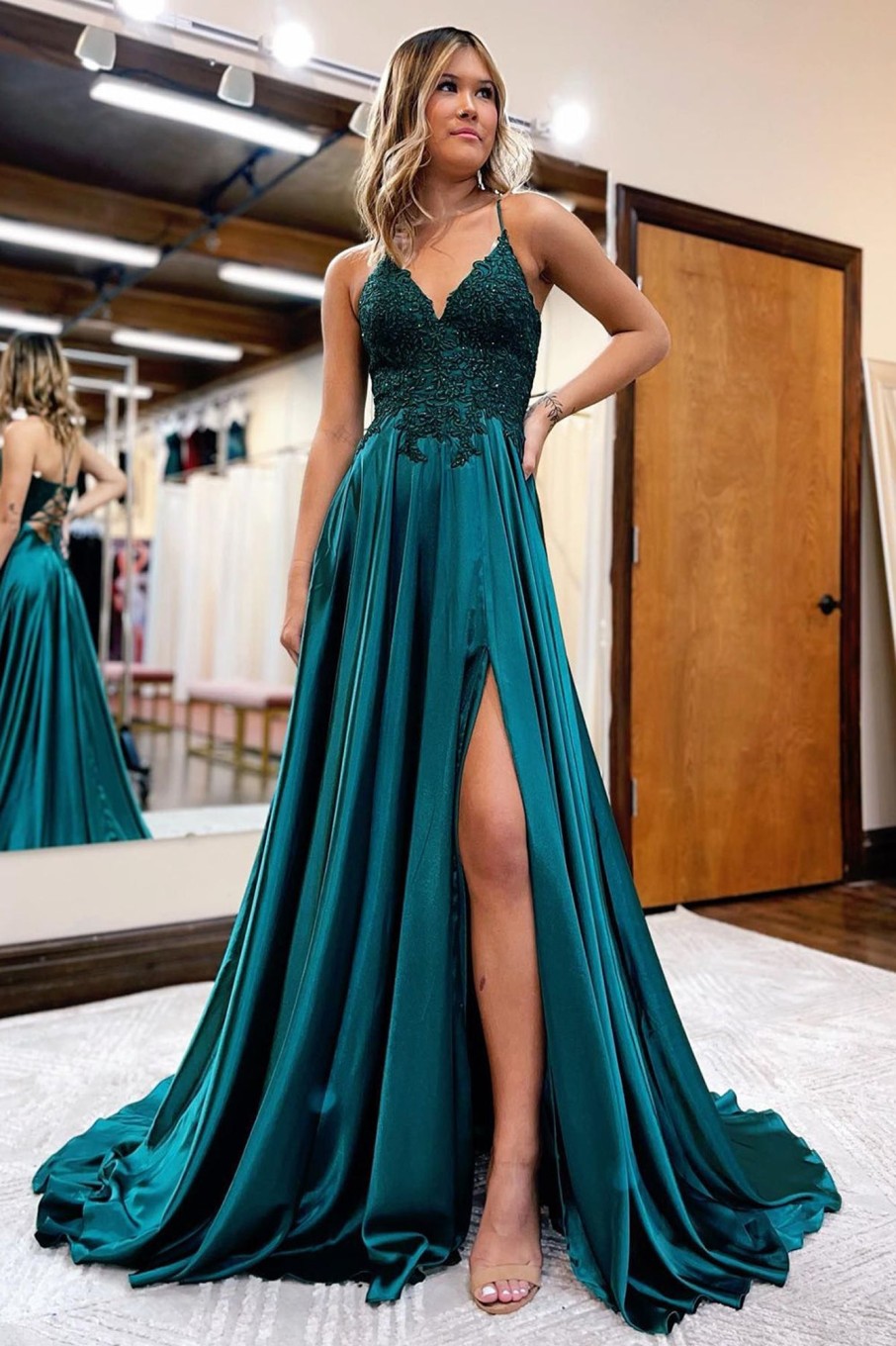 Prom Dresses HELLYMOON | A Line Satin Beaded Prom Dress With Slit