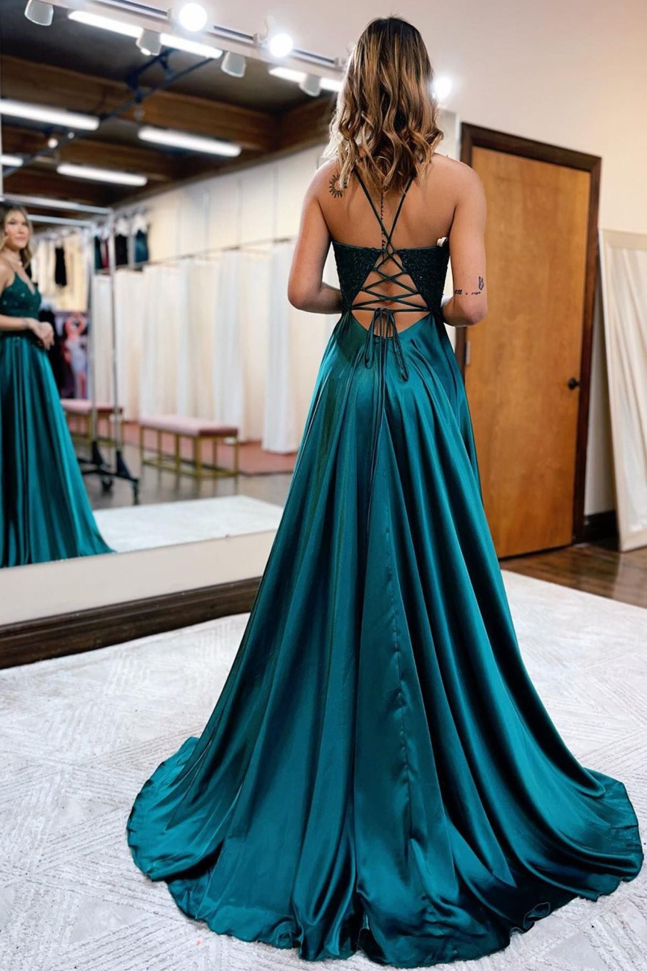 Prom Dresses HELLYMOON | A Line Satin Beaded Prom Dress With Slit