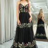 Prom Dresses HELLYMOON | A-Line Spaghetti Straps Embroidered Tulle Long Prom Dress Black