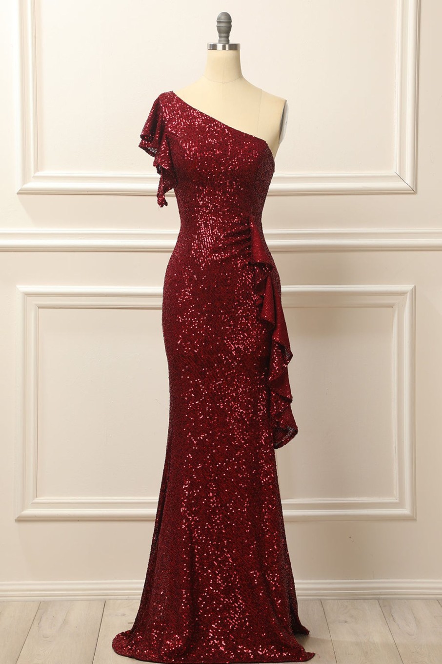 Special Occasion HELLYMOON | Burgundy Sequins One Shoulder Prom Dress Red