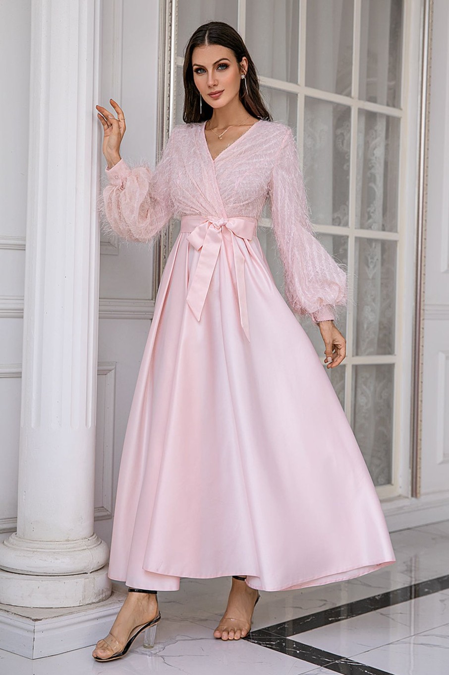 Prom Dresses HELLYMOON | Long Sleeves Wedding Party Dress Pink