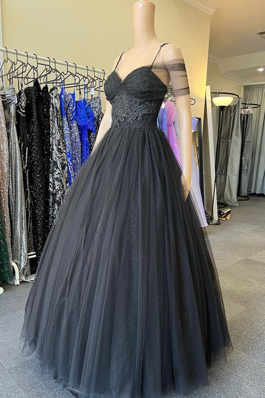 Special Occasion HELLYMOON | Off The Shoulder Glitter A Line Prom Dress Black