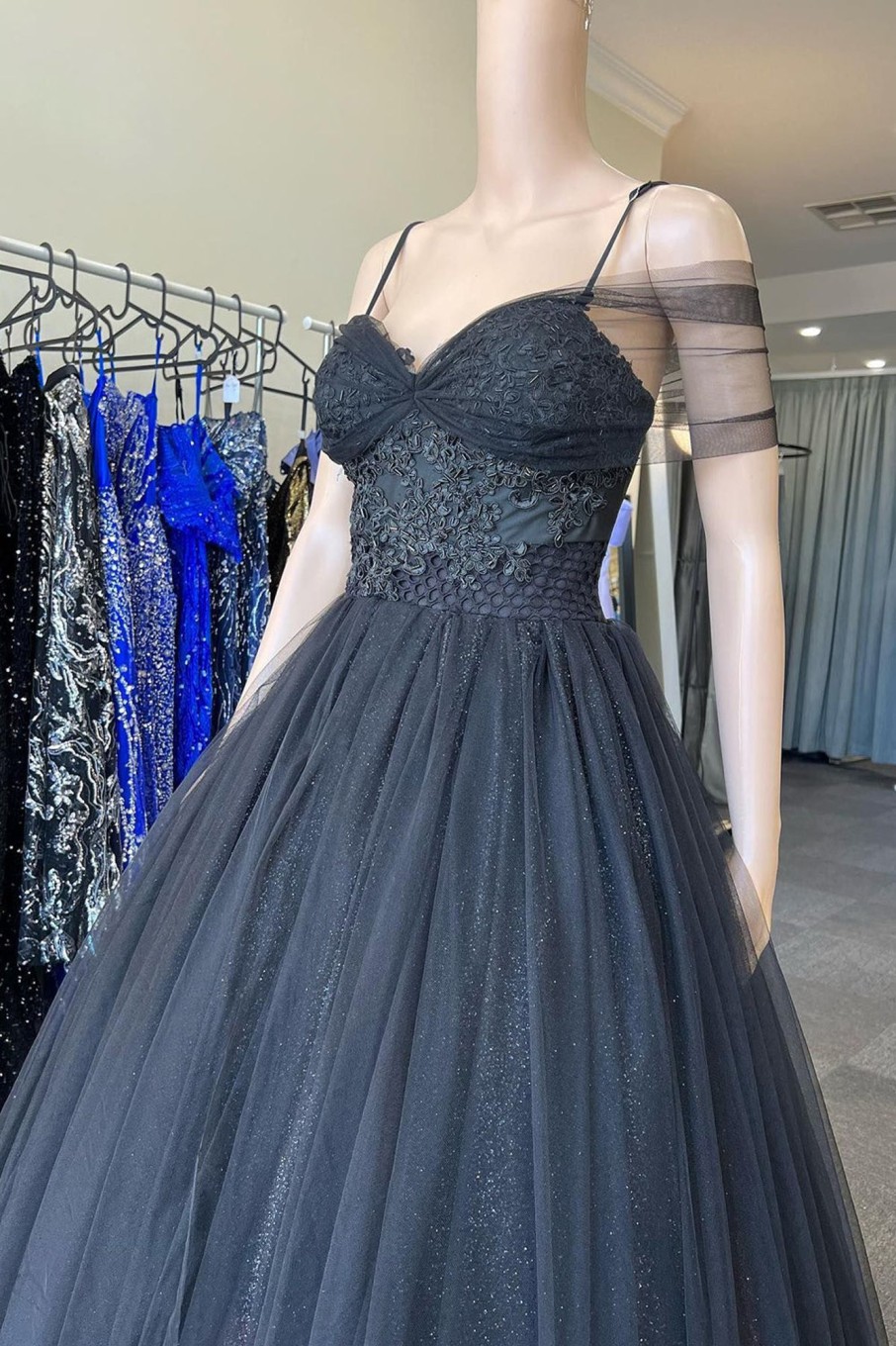 Special Occasion HELLYMOON | Off The Shoulder Glitter A Line Prom Dress Black