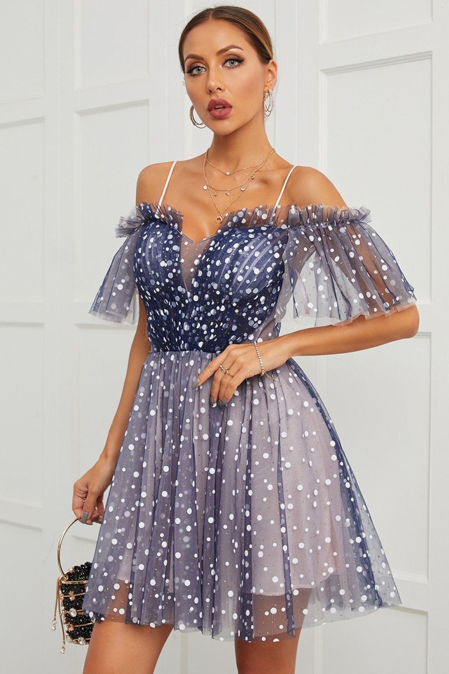 Special Occasion HELLYMOON | Polka Dots Off Shoulder Cocktail Dress Navy