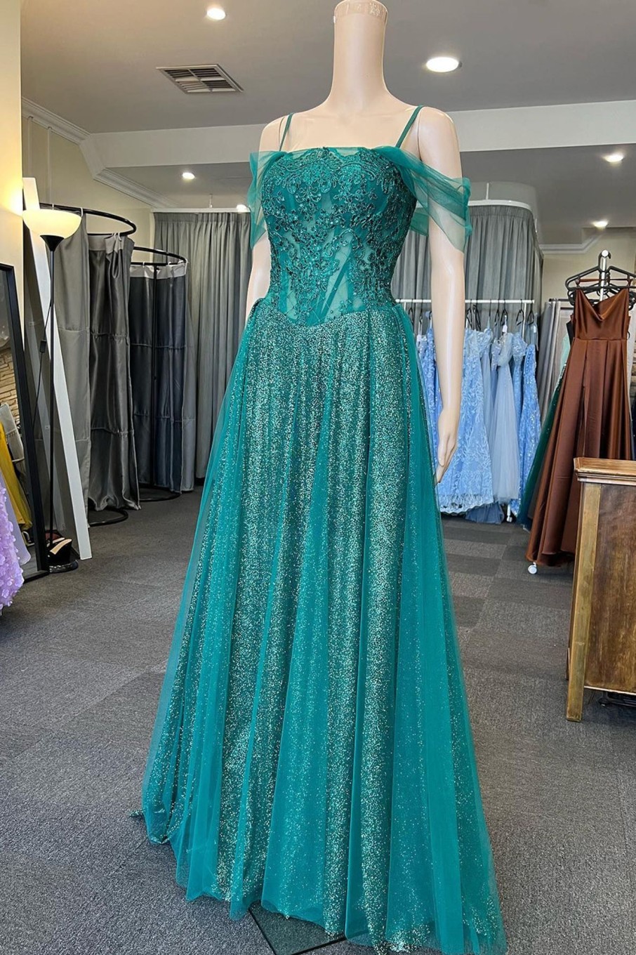 Special Occasion HELLYMOON | Off The Shoulder Sparkly Prom Dress With Beading Green