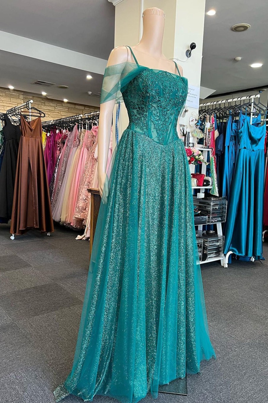 Special Occasion HELLYMOON | Off The Shoulder Sparkly Prom Dress With Beading Green