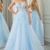 Prom Dresses HELLYMOON | A Line Spaghetti Straps Tulle Long Prom Dress With Appliques Light Blue