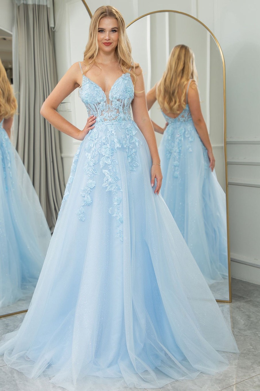 Prom Dresses HELLYMOON | A Line Spaghetti Straps Tulle Long Prom Dress With Appliques Light Blue