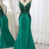 Prom Dresses HELLYMOON | Mermaid Spaghetti Straps Satin Beaded Prom Dress Dark Green