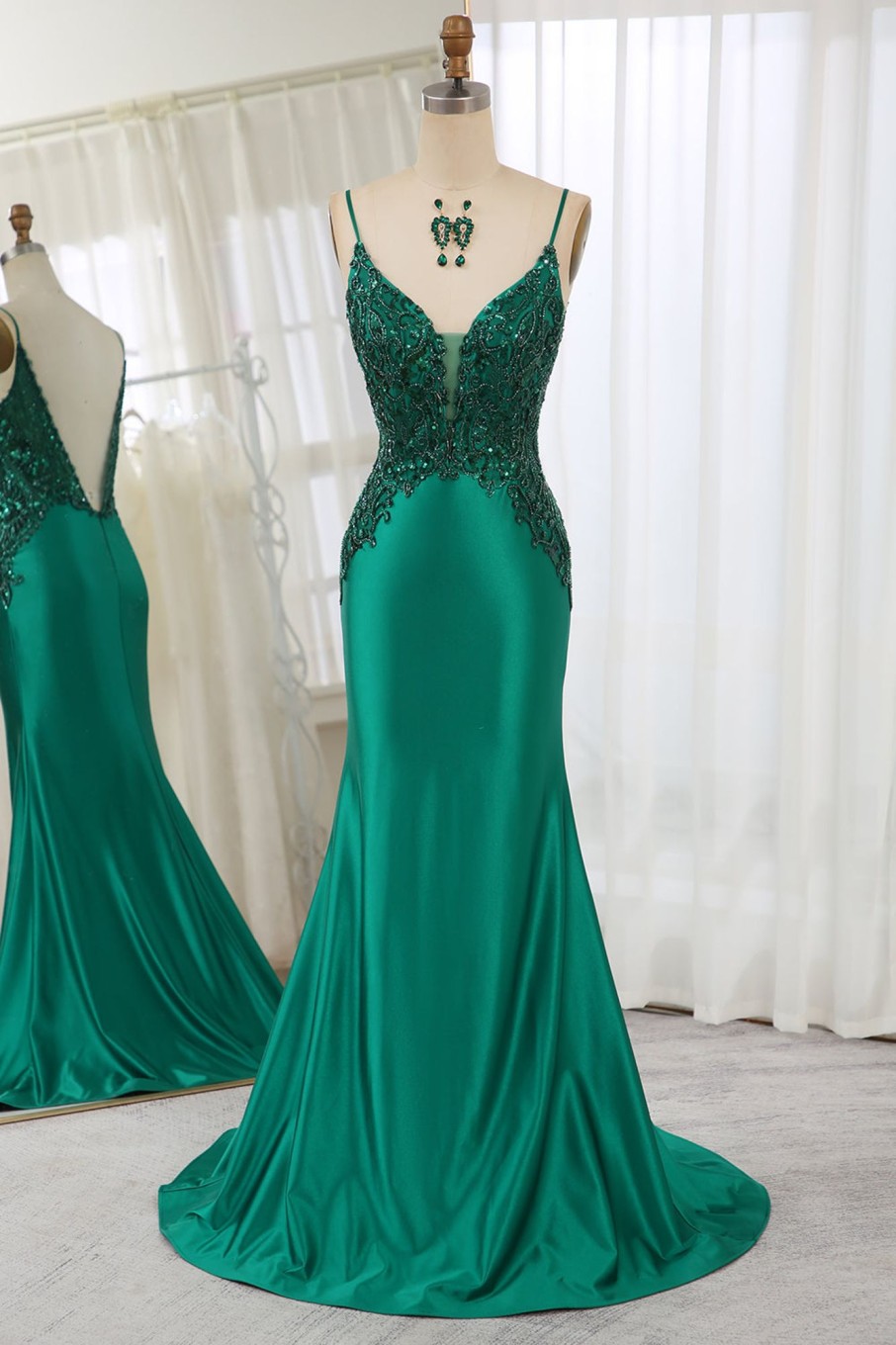 Prom Dresses HELLYMOON | Mermaid Spaghetti Straps Satin Beaded Prom Dress Dark Green