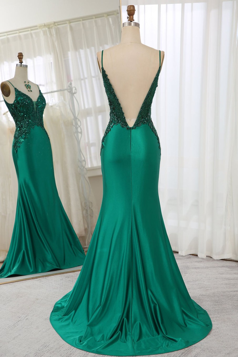 Prom Dresses HELLYMOON | Mermaid Spaghetti Straps Satin Beaded Prom Dress Dark Green