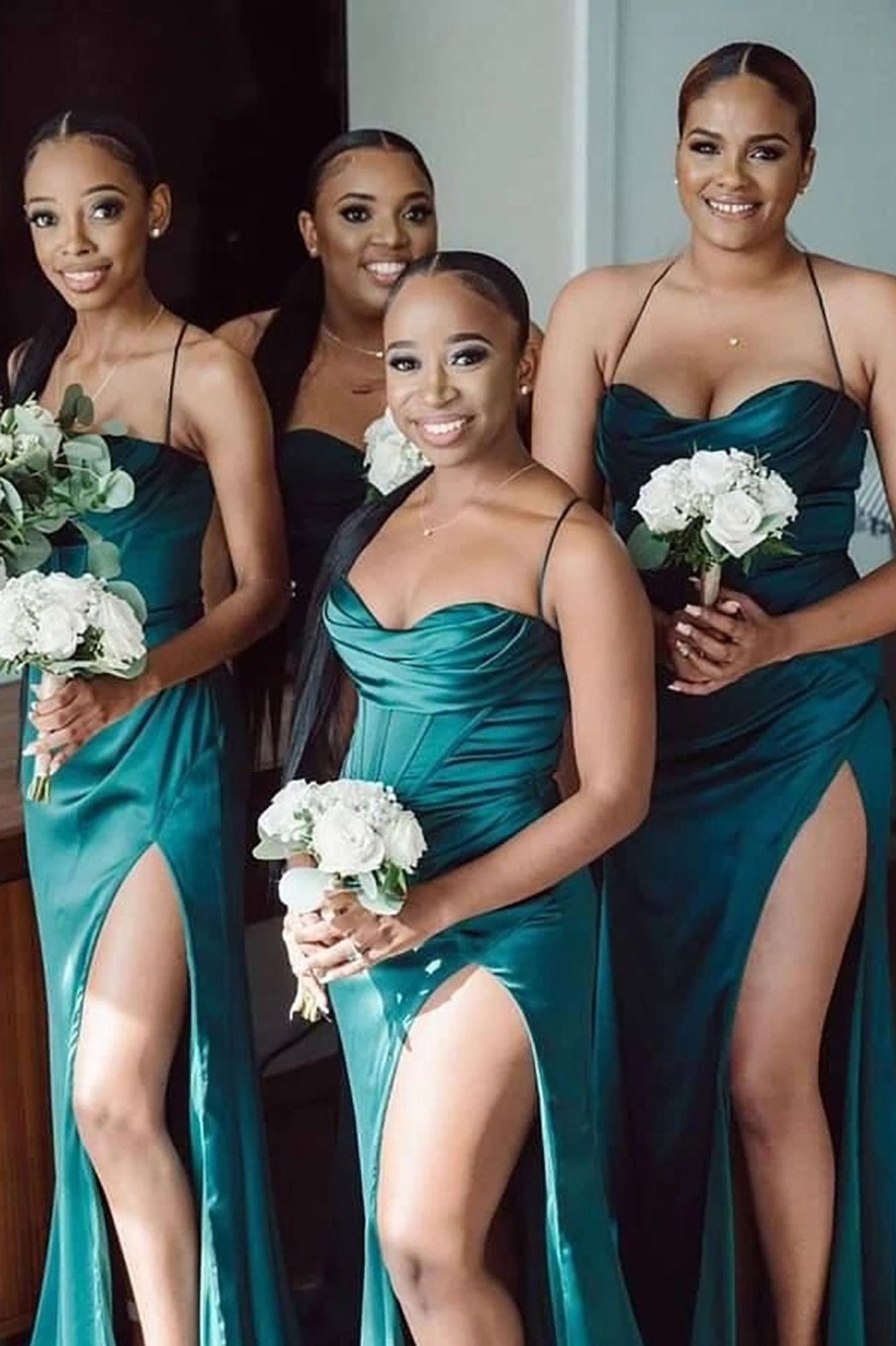 Partywear HELLYMOON | Green Satin Spaghetti Straps Corset Long Bridesmaid Dress With Side Slit