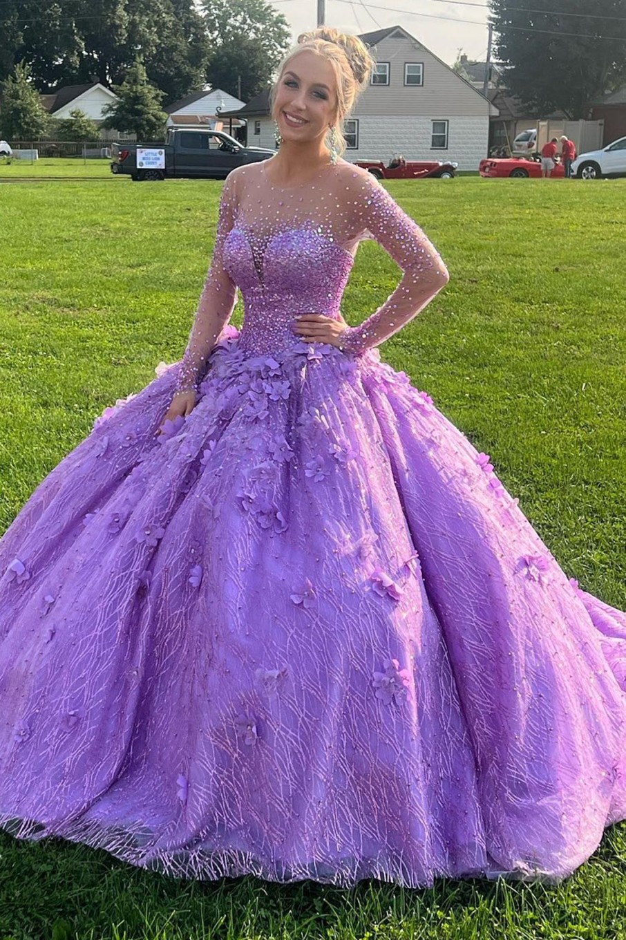 Prom Dresses HELLYMOON | Sparkly Beaed Quinceanera Dresses With Long Sleeves Purple