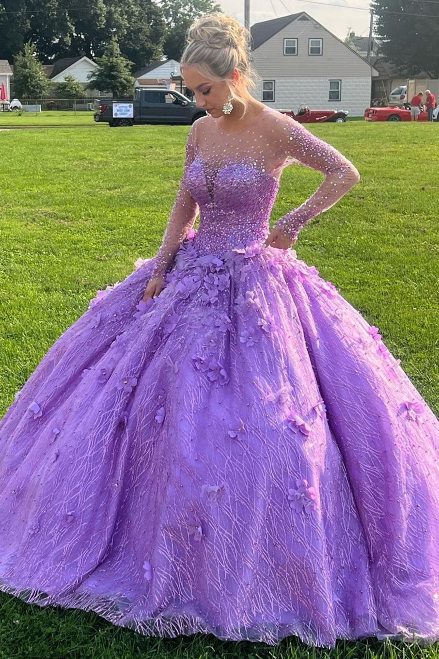 Prom Dresses HELLYMOON | Sparkly Beaed Quinceanera Dresses With Long Sleeves Purple