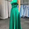 Prom Dresses HELLYMOON | One Shoulder Satin Prom Dress With Pockets Green