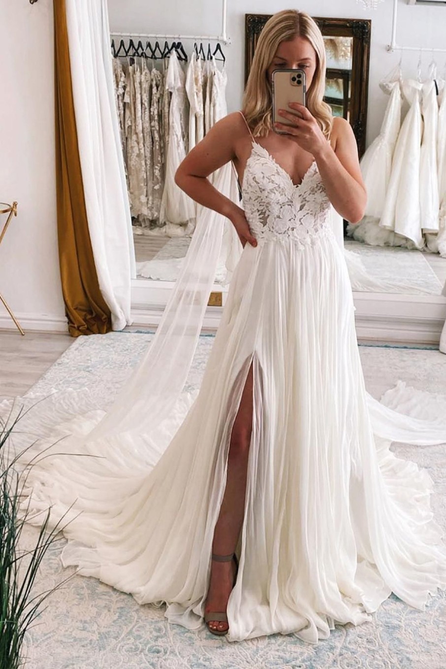 Wedding Dresses HELLYMOON | A-Line Watteau Train Boho Long Chiffon Wedding Dress With Lace Ivory