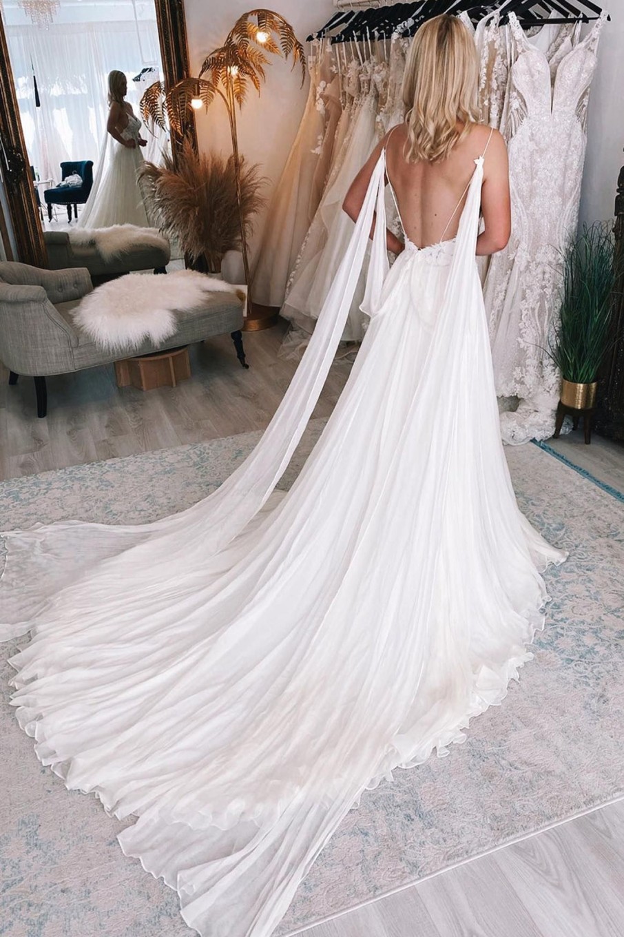 Wedding Dresses HELLYMOON | A-Line Watteau Train Boho Long Chiffon Wedding Dress With Lace Ivory