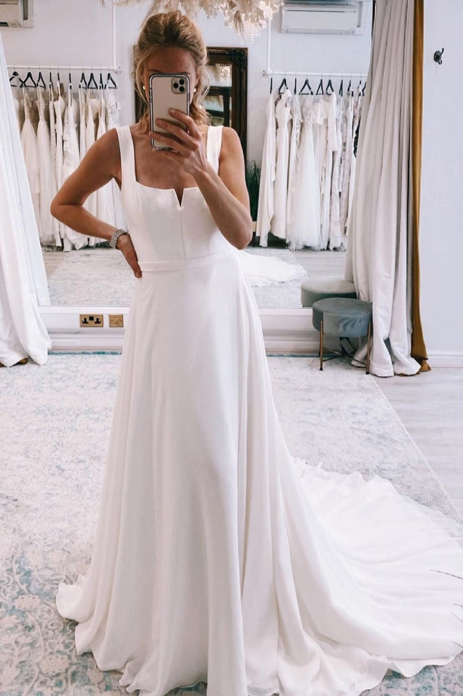 Wedding Dresses HELLYMOON | Simple Square Neck Boho Long Chiffon Wedding Dress White