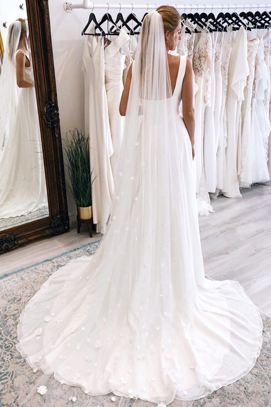 Wedding Dresses HELLYMOON | Simple Square Neck Boho Long Chiffon Wedding Dress White