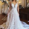 Wedding Dresses HELLYMOON | A-Line V-Neck Backless Long Lace Wedding Dress Ivory