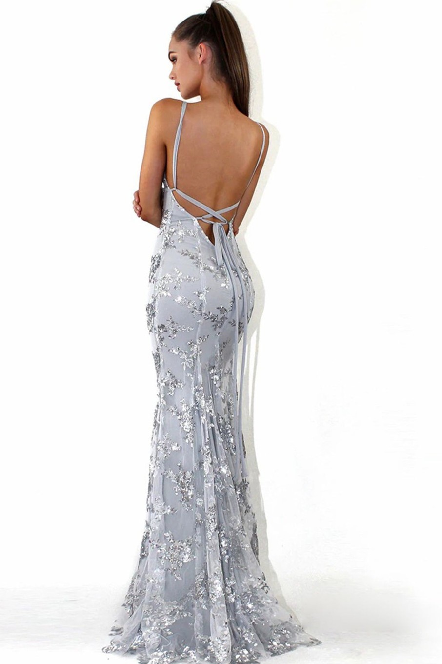 Prom Dresses HELLYMOON | Beaded Backless Spaghetti Straps Prom Dress Silver