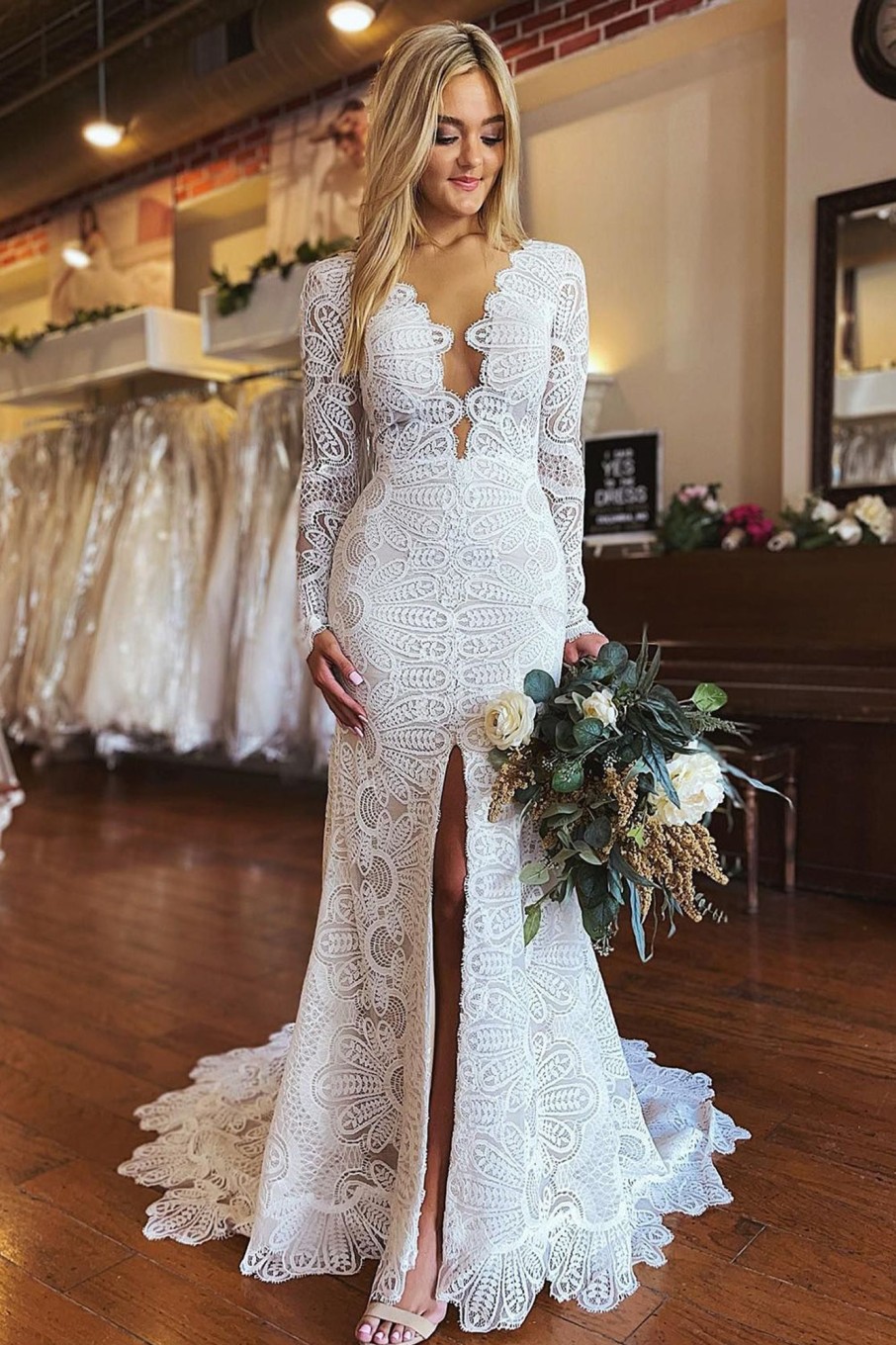 Wedding Dresses HELLYMOON | Mermaid Boho Long Lace Wedding Dress With Sleeves White