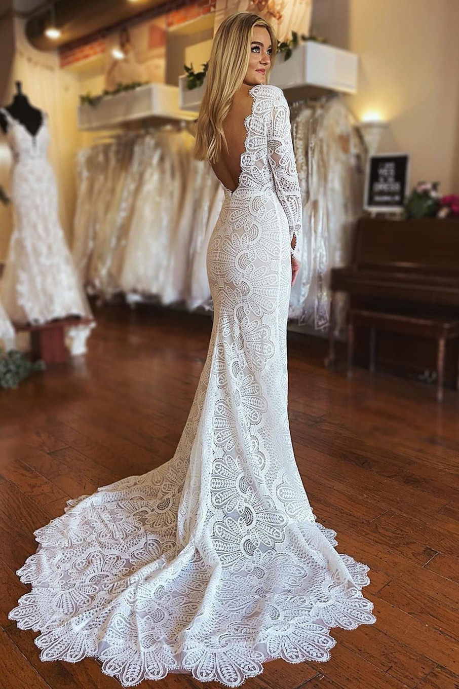 Wedding Dresses HELLYMOON | Mermaid Boho Long Lace Wedding Dress With Sleeves White