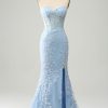 Prom Dresses HELLYMOON | Mermaid Strapless Corset Long Prom Dress With Slit Light Blue