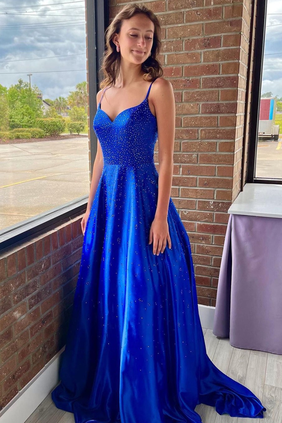 Special Occasion HELLYMOON | Royal Blue A Line Satin Prom Dress With Beading Purple