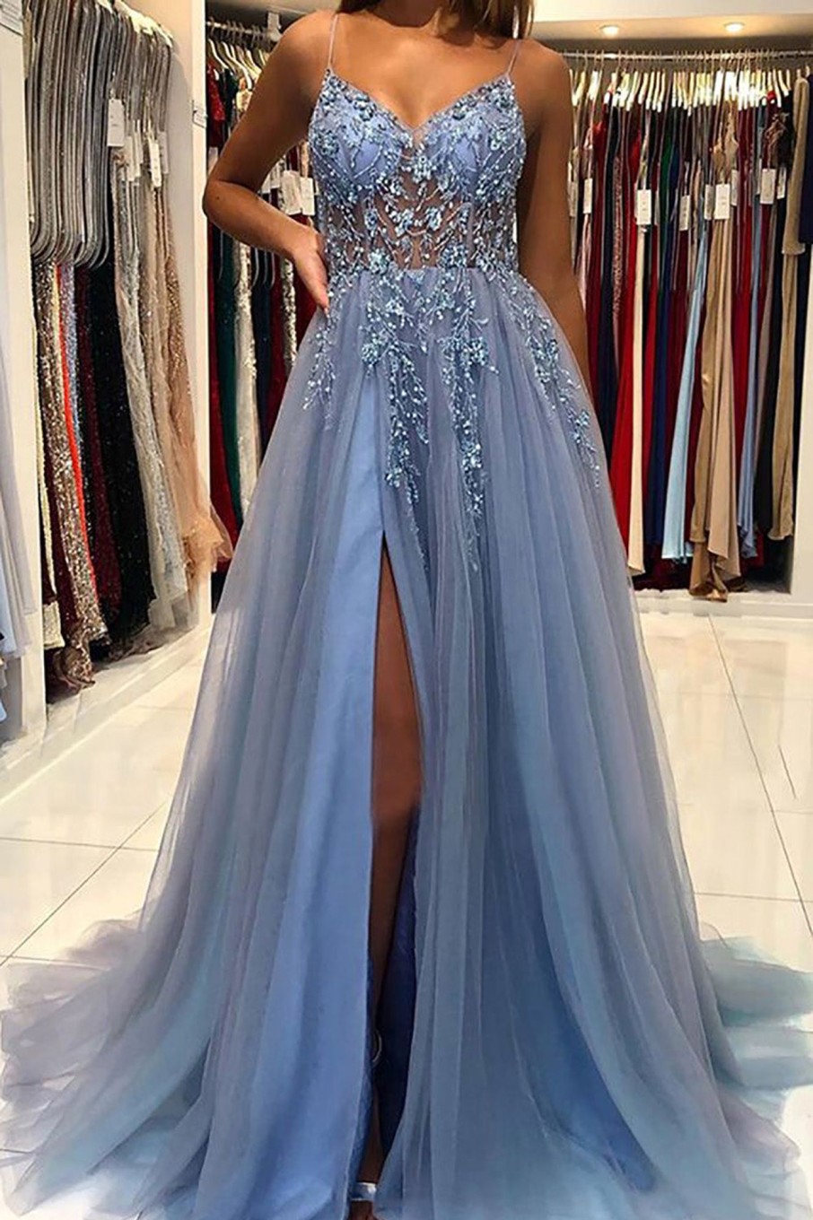 Prom Dresses HELLYMOON | Tulle Beading Princess Prom Dress Blue